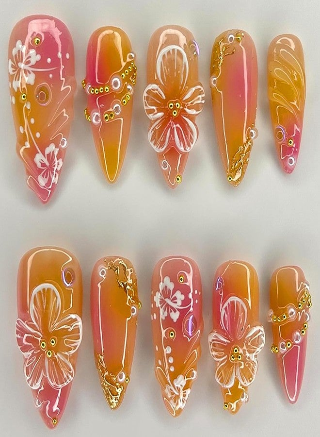 KRTBKR 24Pcs Flower Press on Nails Medium Almond Fake Nails 3D Floral with Gold Pearl Rhinestones Glitter Glossy Design Orange Full Cover Stick on Nails Spring Summer False Nails for Women Acrylic Nails - Image 1