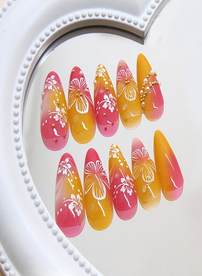 KRTBKR 24Pcs Flower Press on Nails Medium Almond Fake Nails 3D Floral with Gold Pearl Rhinestones Glitter Glossy Design Orange Full Cover Stick on Nails Spring Summer False Nails for Women Acrylic Nails - Image 4