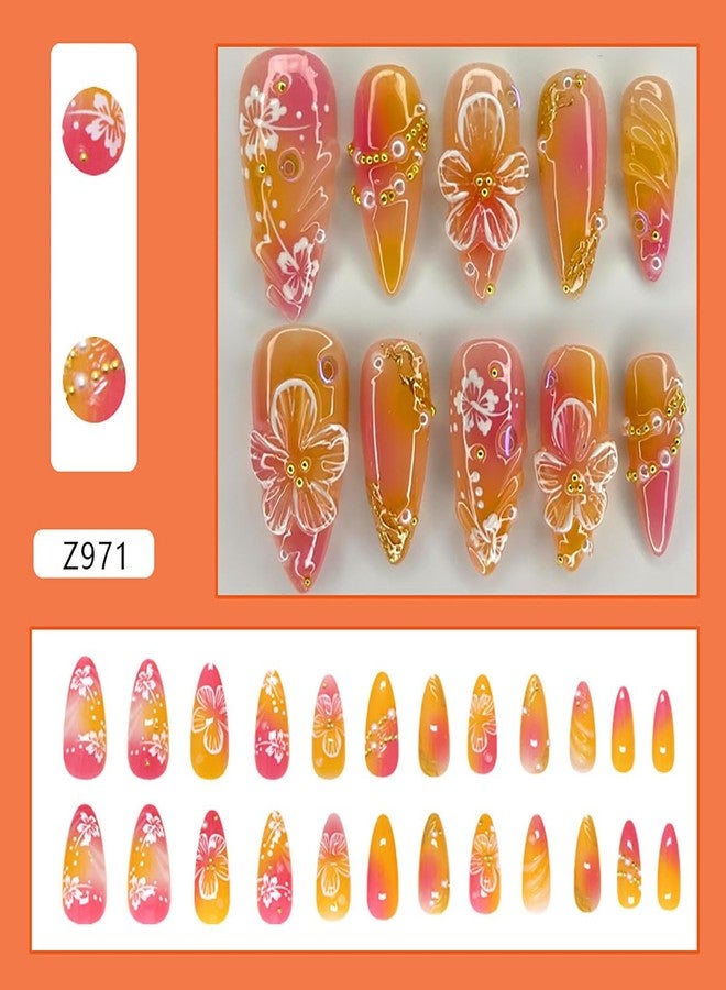 KRTBKR 24Pcs Flower Press on Nails Medium Almond Fake Nails 3D Floral with Gold Pearl Rhinestones Glitter Glossy Design Orange Full Cover Stick on Nails Spring Summer False Nails for Women Acrylic Nails - Image 2