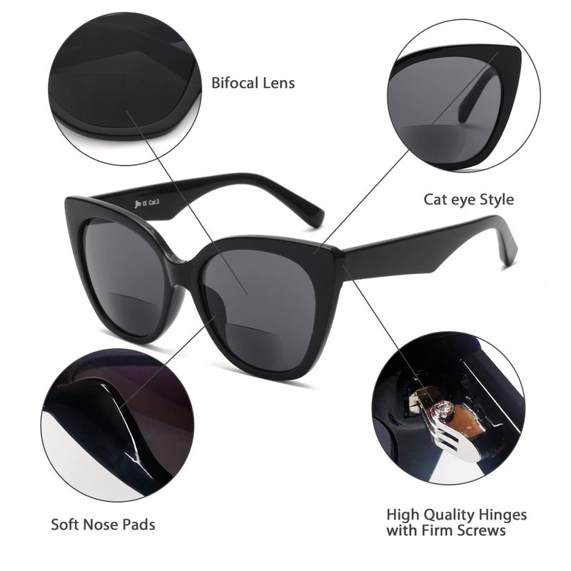 JM Classic Bifocal Reading Glasses Oversized Cateye Stylish Sunglasses Readers for Women Black +1.5 - Image 5