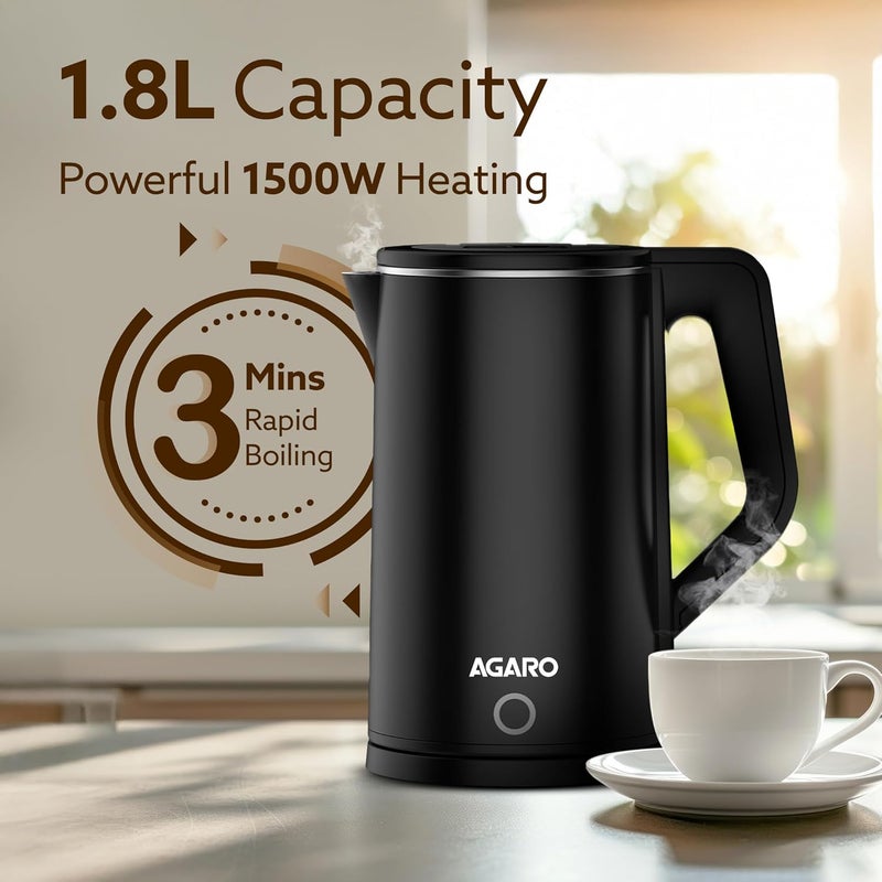 AGARO Elegant Electric Kettle, 1.8L, Double Layered Stainless Steel Inner Body, Quick Boil, Water Boiler, Hot Water Kettle, For Making Black Tea & Black Coffee, Auto Shut Off - Image 2