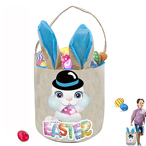 PADELO Easter Basket for Kids, Cute Easter Bucket Stuffers Bags with Bunny Ears for Easter Eggs Hunting, Easter Party Decorations, Candy Gifts Storage, Blue Easter Baskets - Image 1