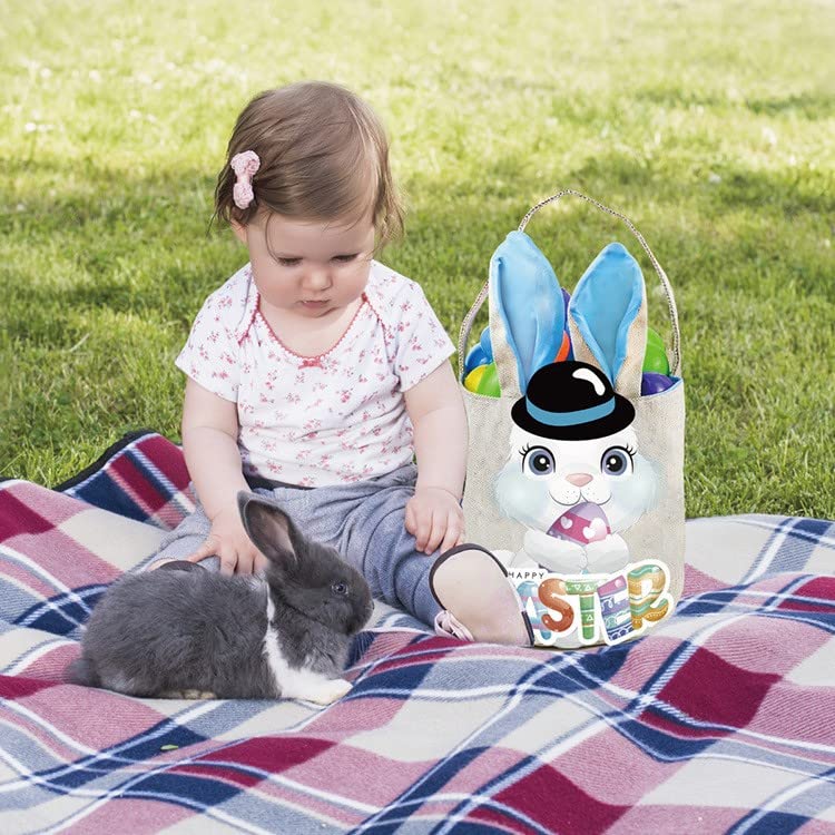 PADELO Easter Basket for Kids, Cute Easter Bucket Stuffers Bags with Bunny Ears for Easter Eggs Hunting, Easter Party Decorations, Candy Gifts Storage, Blue Easter Baskets - Image 5