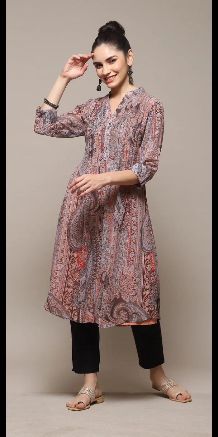 Biba Peach & Blue Polyester Straight Printed Kurta