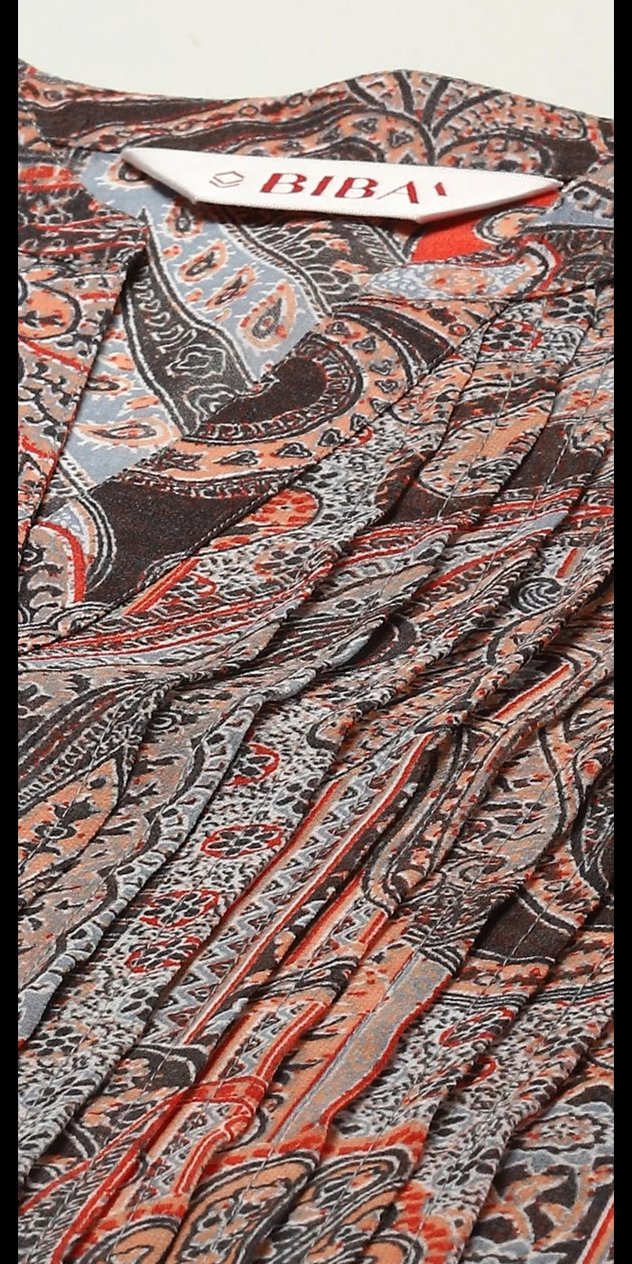 Biba Peach & Blue Polyester Straight Printed Kurta