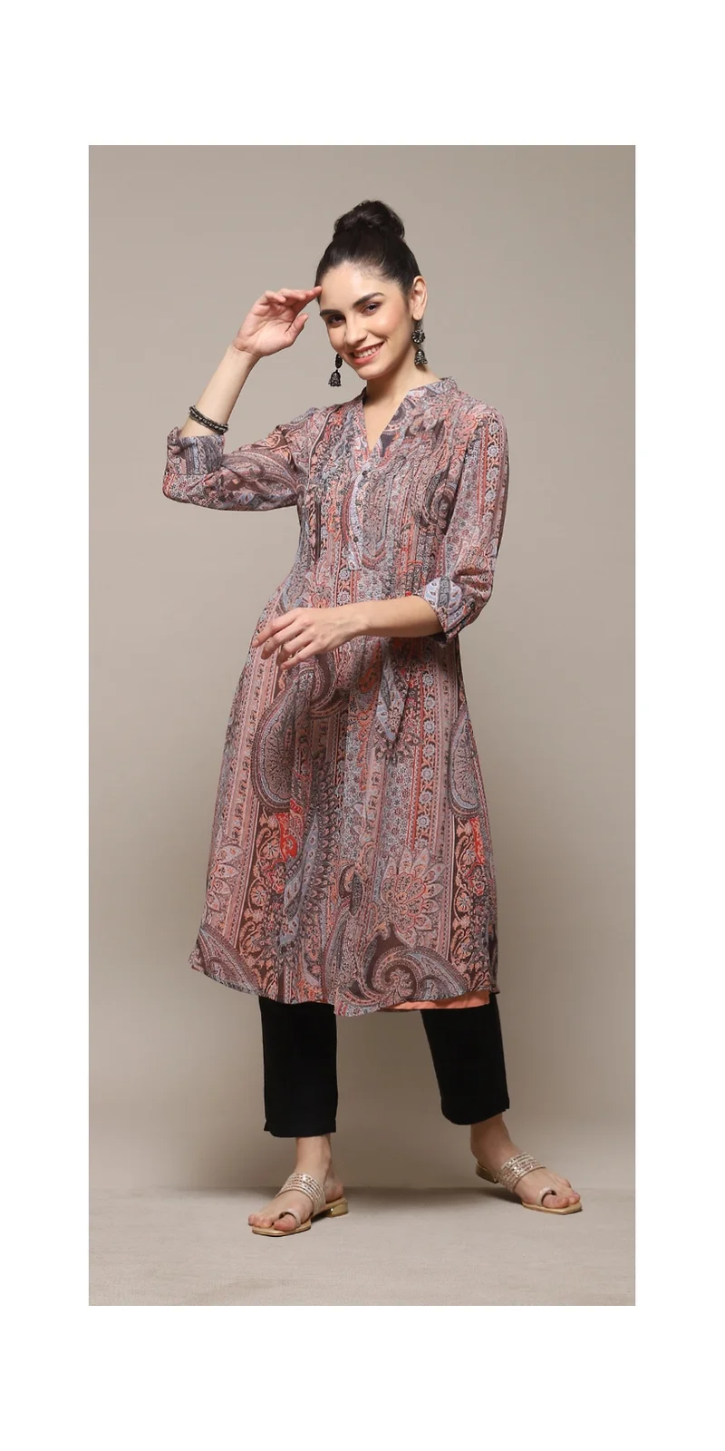 بيبا كورتا بوليستر مطبوعة مستقيمة باللون الخوخي والأزرق