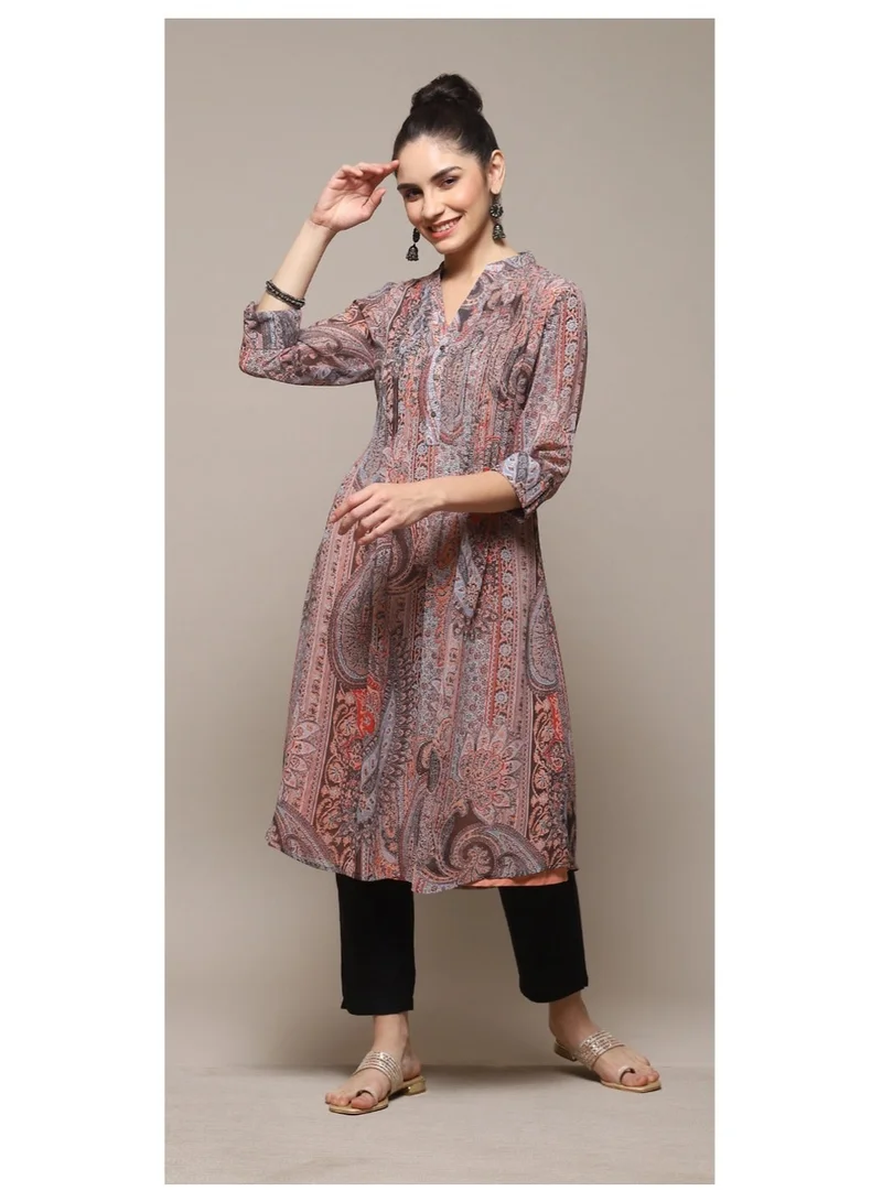 بيبا كورتا بوليستر مطبوعة مستقيمة باللون الخوخي والأزرق