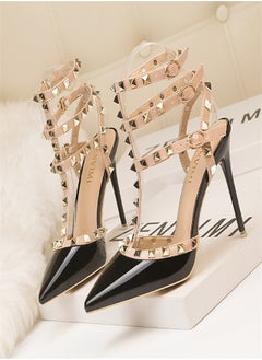 Eloshman 10cm LacquerLeather Metal Rivet Hollowed Out Roman Slim Heel High Heels Black  - Image 1