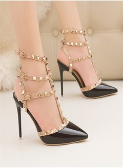 Eloshman 10cm LacquerLeather Metal Rivet Hollowed Out Roman Slim Heel High Heels Black  - Image 3