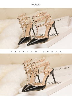 Eloshman 10cm LacquerLeather Metal Rivet Hollowed Out Roman Slim Heel High Heels Black  - Image 2