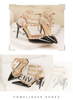 Eloshman 10cm LacquerLeather Metal Rivet Hollowed Out Roman Slim Heel High Heels Black  - Image 4