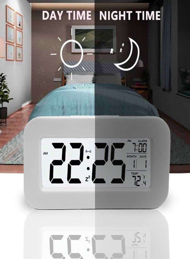 Chase Up Digital Alarm Clock with LED Display, Date and Temperature, Smart Sensor Night Light, Battery Operated (White) - Image 3
