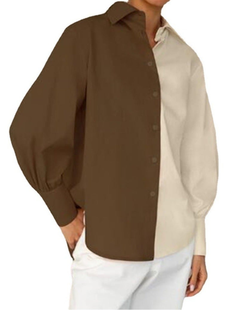 Loquat Women's Long Sleeve Two Tone Shirts Casual Loose Button Blouses Tops Brown/Beige 