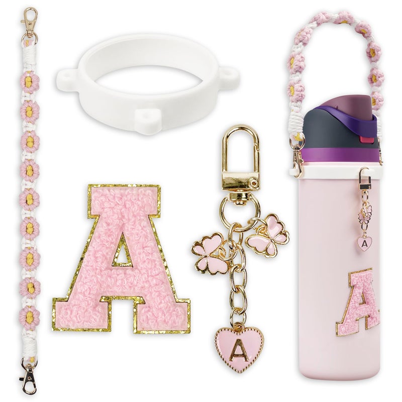 SITKOL Cute Letter Charm Set with Secure Handle Strap, Silicone Ring, Monogram Sticker and Personalized Decoration for Owala Compatible Water Bottle, Travel Carry, School, Gift and Daily Use (Pink, A) - Image 1