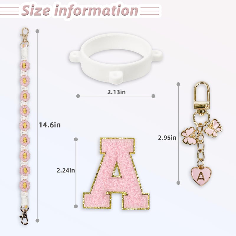 SITKOL Cute Letter Charm Set with Secure Handle Strap, Silicone Ring, Monogram Sticker and Personalized Decoration for Owala Compatible Water Bottle, Travel Carry, School, Gift and Daily Use (Pink, A) - Image 5