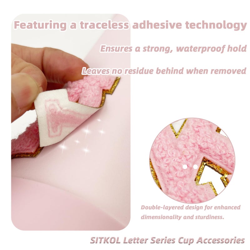 SITKOL Cute Letter Charm Set with Secure Handle Strap, Silicone Ring, Monogram Sticker and Personalized Decoration for Owala Compatible Water Bottle, Travel Carry, School, Gift and Daily Use (Pink, A) - Image 3