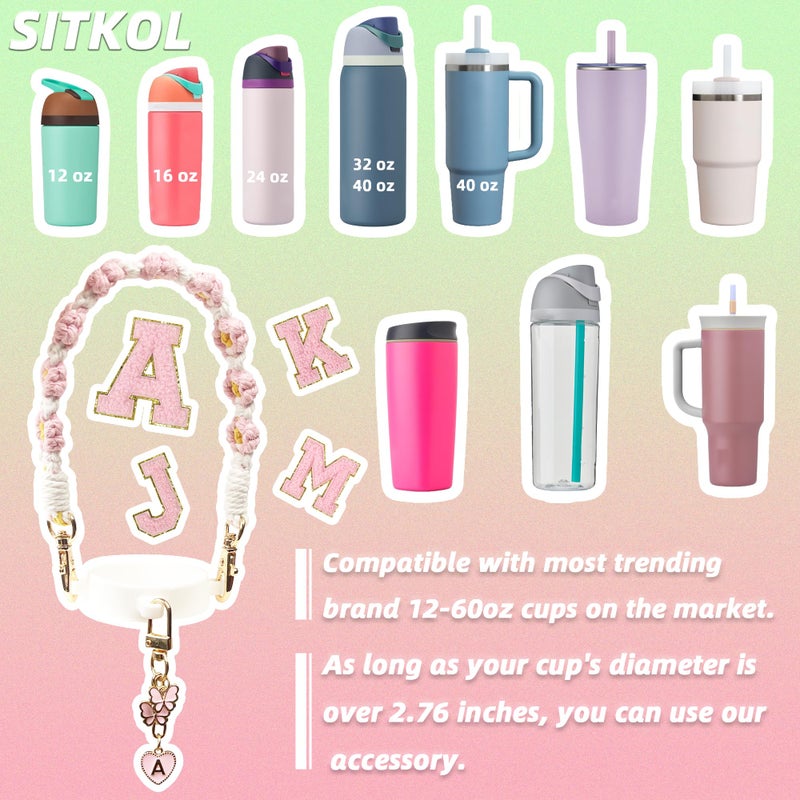 SITKOL Cute Letter Charm Set with Secure Handle Strap, Silicone Ring, Monogram Sticker and Personalized Decoration for Owala Compatible Water Bottle, Travel Carry, School, Gift and Daily Use (Pink, A) - Image 2