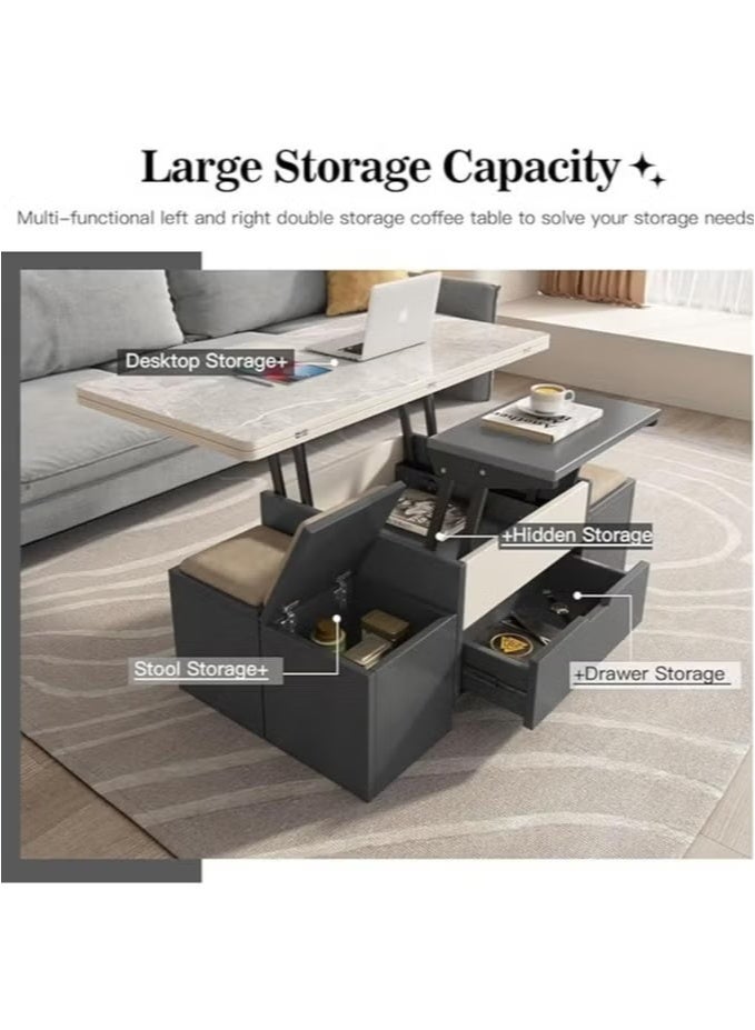 Generic Lift-Top Coffee Table with 4 Stools,Modern Space Saving Center Table, Multi-Functional Adjustable Coffee Table with Hidden Storage Compartment  - Image 2