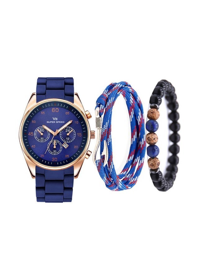 NIBEMINENT men 3-Piece Big Round Dial Pointer Display Watch Bracelets Set 4379