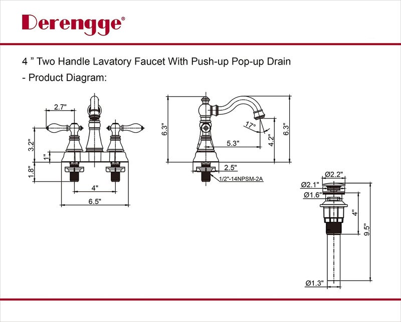 Derengge Two Handle Bathroom Faucet Matte Black Bathroom Sink Faucet 3 Hole With Pop Up Drain Assembly  Classic 4 Inch Centerset Lavatory Faucet With 360 Swivel Spout F-0048-Mt - Image 3