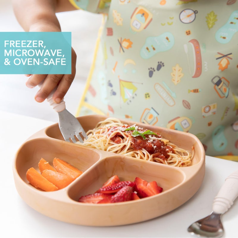 Bumkins Toddler and Baby Suction Plate, Silicone Divided Grip Dish for Babies and Kids, Baby Led Weaning, Children Feeding Supplies, Non Skid Sticky Bottom, Platinum Silicone, 6 Months Up, Woodgrain - Image 4