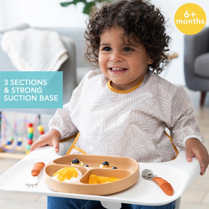 Bumkins Toddler and Baby Suction Plate, Silicone Divided Grip Dish for Babies and Kids, Baby Led Weaning, Children Feeding Supplies, Non Skid Sticky Bottom, Platinum Silicone, 6 Months Up, Woodgrain - Image 2