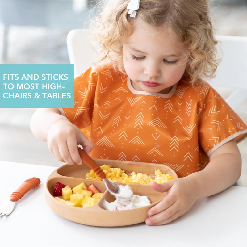 Bumkins Toddler and Baby Suction Plate, Silicone Divided Grip Dish for Babies and Kids, Baby Led Weaning, Children Feeding Supplies, Non Skid Sticky Bottom, Platinum Silicone, 6 Months Up, Woodgrain - Image 3