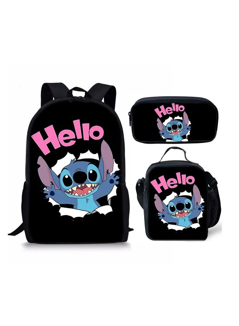 Y&D 3 Piece Stitch 3D Print Insulated Lunch Backpack Set School Bag For Kids Multicolour - Image 1