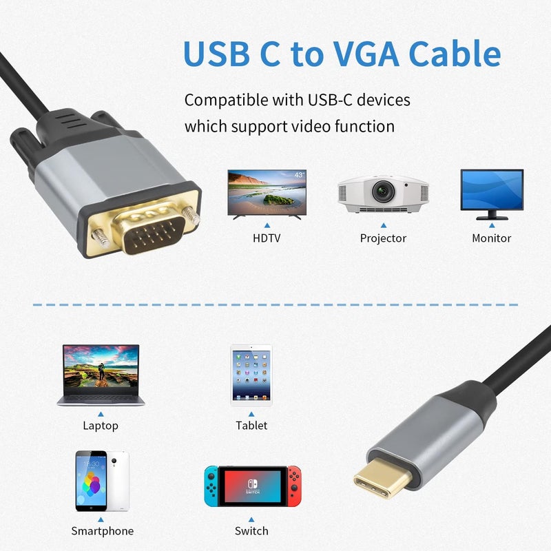 Microware كابل USB C إلى VGA، محول ذكر Type-C إلى ذكر VGA بدقة 1080P لسطح المكتب، جهاز العرض، شاشة التلفاز (1.5م) - Image 4