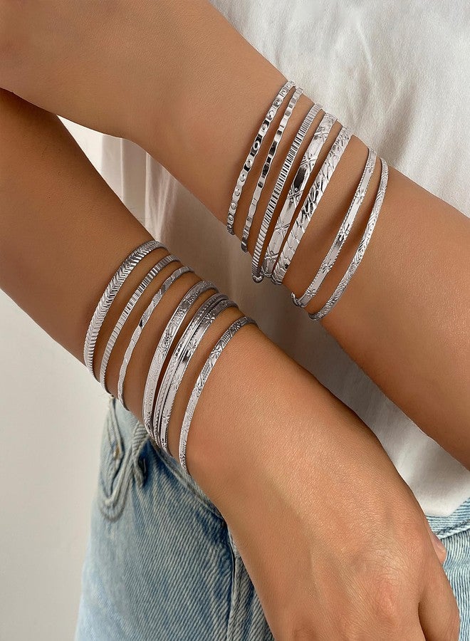IFKM Silver Bangles Bracelets For Women, Silver Multi Layer Stackable Open Bracelet Set, Elegance Trendy Charms Non Tarnish Minimalist Textured Boho Jewelry Gift for Women - Image 3
