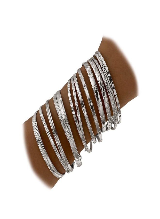 IFKM Silver Bangles Bracelets For Women, Silver Multi Layer Stackable Open Bracelet Set, Elegance Trendy Charms Non Tarnish Minimalist Textured Boho Jewelry Gift for Women - Image 1