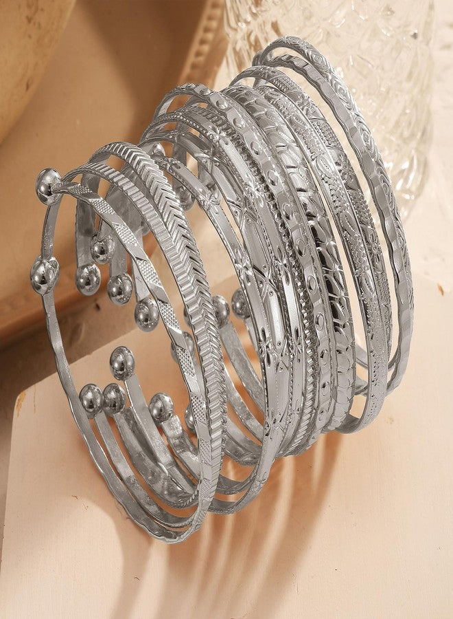 IFKM Silver Bangles Bracelets For Women, Silver Multi Layer Stackable Open Bracelet Set, Elegance Trendy Charms Non Tarnish Minimalist Textured Boho Jewelry Gift for Women - Image 4
