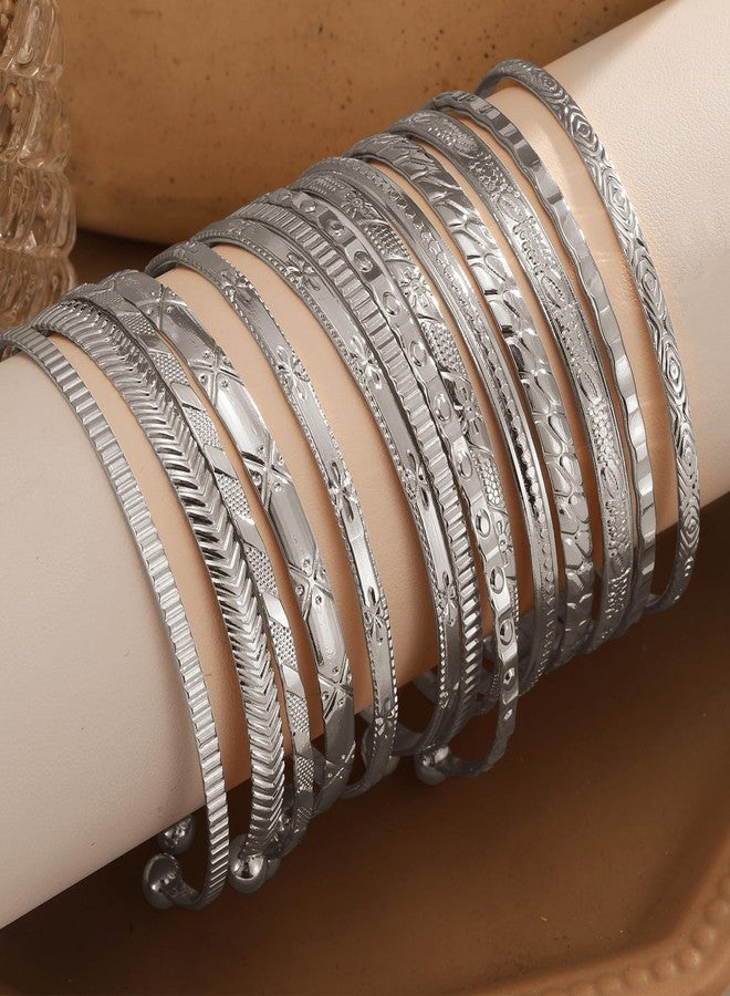 IFKM Silver Bangles Bracelets For Women, Silver Multi Layer Stackable Open Bracelet Set, Elegance Trendy Charms Non Tarnish Minimalist Textured Boho Jewelry Gift for Women - Image 5