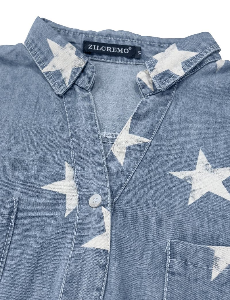 Zilcremo Women Denim Shirt Dresses Long Sleeve Distressed Jean Dress Button Down Casual Tunic Top Bluestar M - Image 4