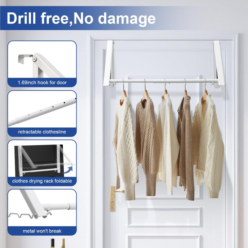 HomeRight HOME RIGHT Over The Door Clothes Hanger,1.69 Inch Door Hook for Over The Door Drying Rack,Foldable Retractable Overdoor Hanger Hook for Bathroom,Laundry Room,Apartament and Bedroom - Image 4