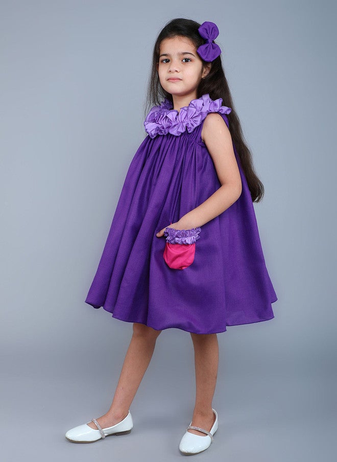 PinkChick Purple Colourblocked Empire Dress for Girls - Image 4
