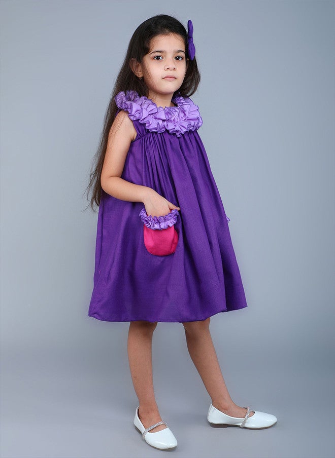 PinkChick Purple Colourblocked Empire Dress for Girls - Image 3