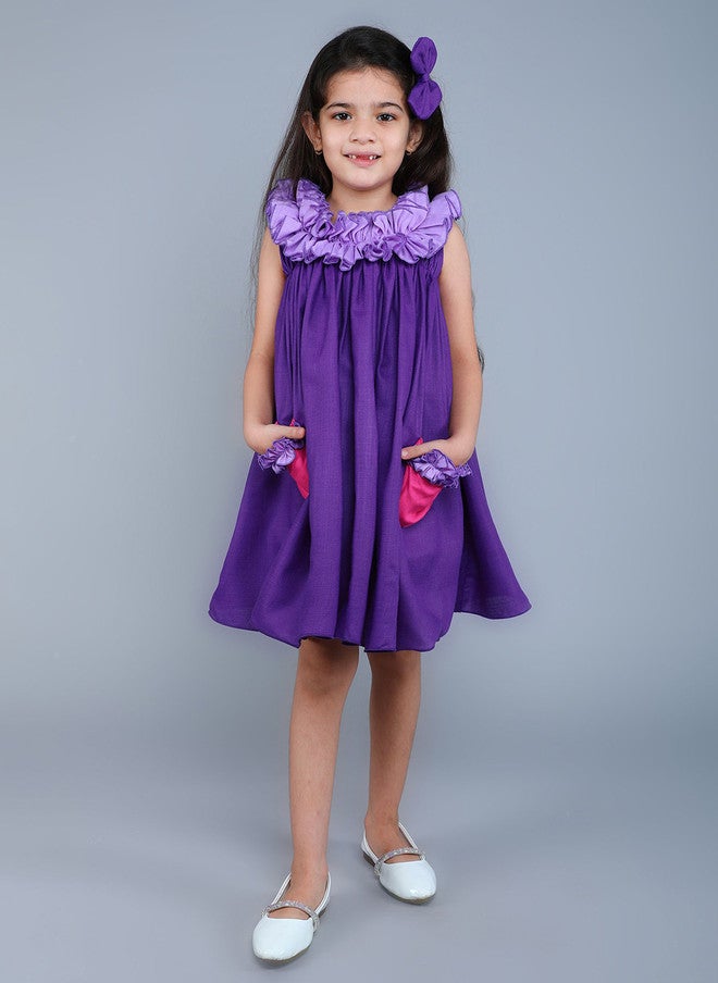 PinkChick Purple Colourblocked Empire Dress for Girls - Image 1