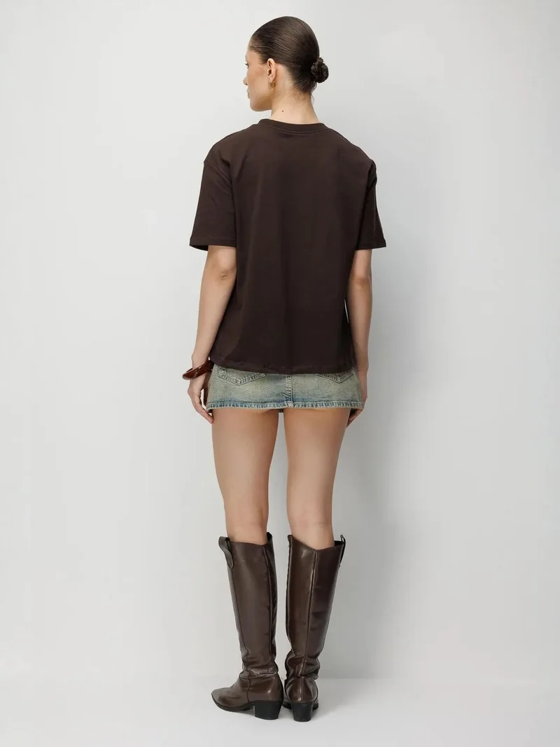 Mixray Brown MIXRAY Oversized Ribbed Crew Neck Two-Piece T-Shirt Set for Women | Best Price UAE
