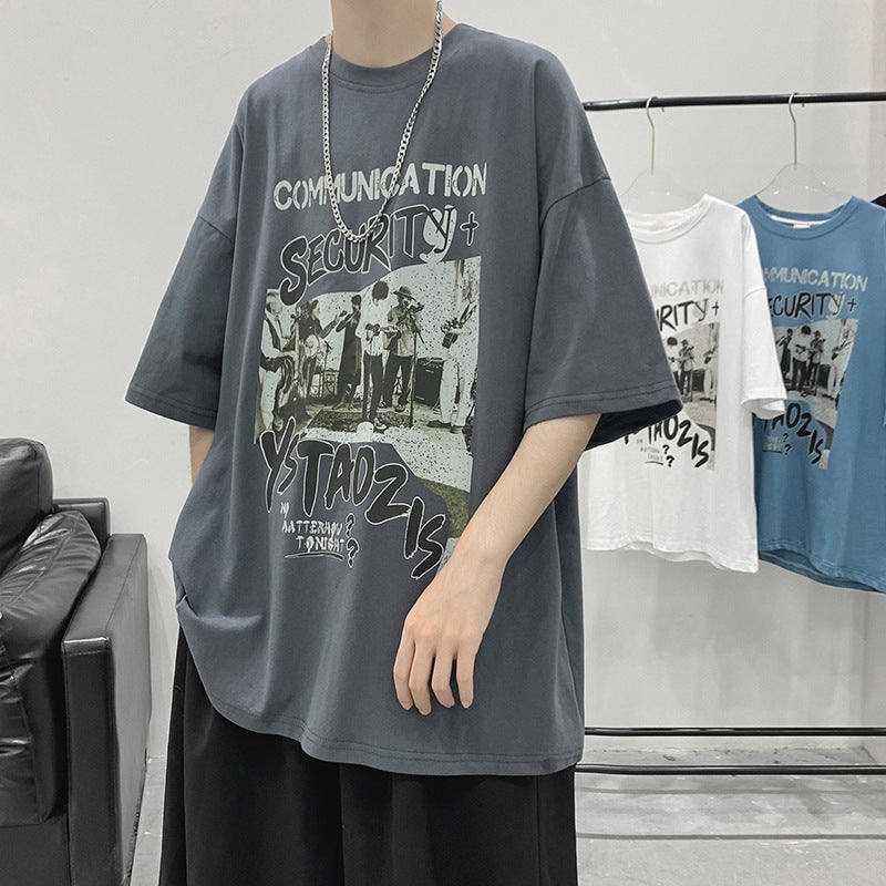 Short-Sleeved T-Shirt Men'S Summer Trendy Brand Loose Round Neck Graffiti Printed Top Ins Hong Kong Style Casual Student Half-Sleeved T-Shirt - Image 1