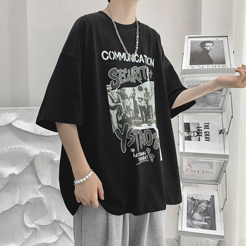 Short-Sleeved T-Shirt Men'S Summer Trendy Brand Loose Round Neck Graffiti Printed Top Ins Hong Kong Style Casual Student Half-Sleeved T-Shirt - Image 3