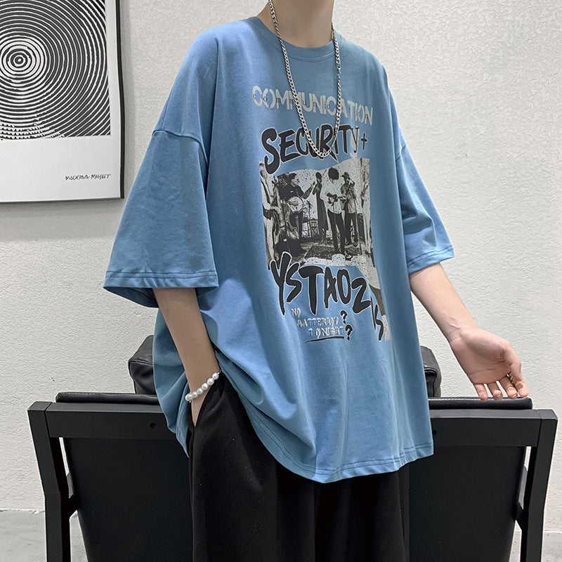 Short-Sleeved T-Shirt Men'S Summer Trendy Brand Loose Round Neck Graffiti Printed Top Ins Hong Kong Style Casual Student Half-Sleeved T-Shirt - Image 5
