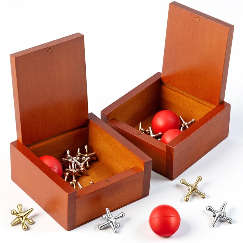 HI-BOOM Hiboom 2 Pack Metal Jacks Game with Balls in Keepsake Wooden Box Vintage Jacks Game for Kids and Adults Nostalgic Floor Games Retro Old School Board Games for Family Night Birthday Party Favor - Image 3