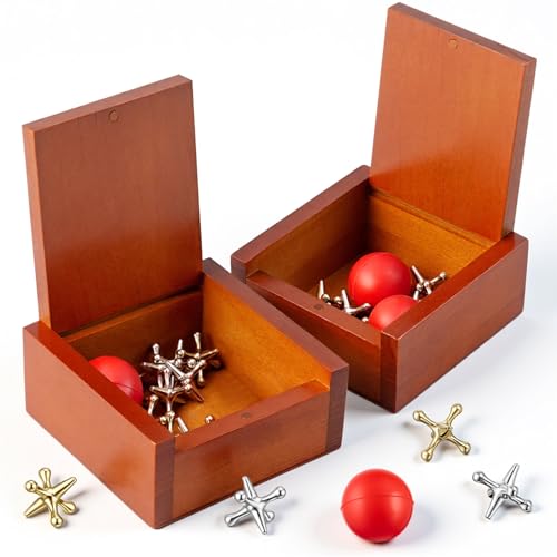 HI-BOOM Hiboom 2 Pack Metal Jacks Game with Balls in Keepsake Wooden Box Vintage Jacks Game for Kids and Adults Nostalgic Floor Games Retro Old School Board Games for Family Night Birthday Party Favor - Image 1