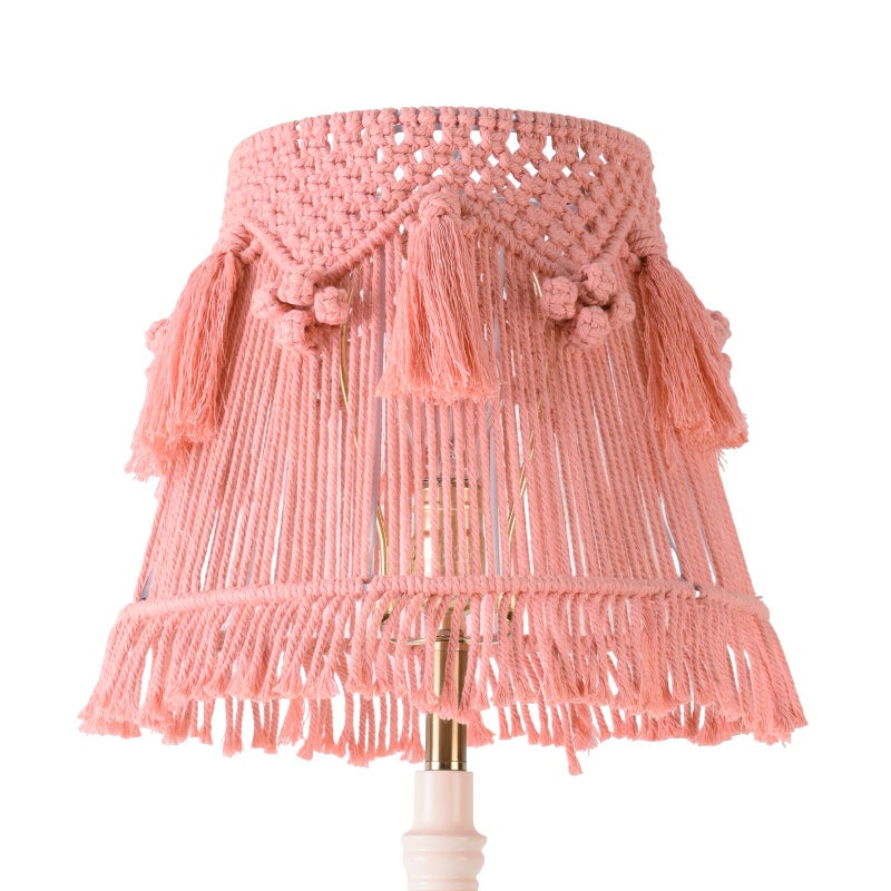 JERHOUS Pink Boho Woven Lamp Shade Bell Tassels Lampshade 7.5``Top x 12``Bottom x 11``High(Spider) Medium Handmade Lamp Shades for Table & Bedside Lamp - Easy Assemble - Image 1
