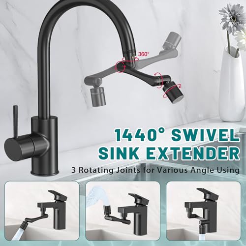 CECEFIN 1440° Rotating-Faucet-Extender Sink Aerator - 1080°+360° Large-Angle Splash Tap Extension with 2 Water Outlet, Swivel Multifunctional Robotic Arm for Kitchen/Bathroom, Black - Image 5