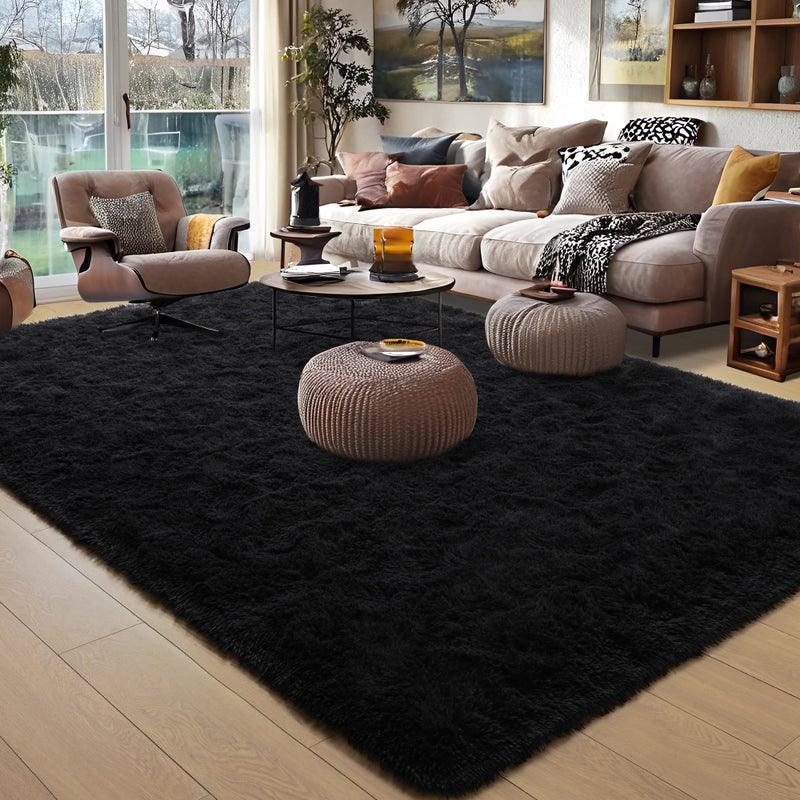 Foxmas Large Area Rugs for Living Room Bedroom 6x9 Feet Fluffy Kids Room Plush Shaggy Nursery Rug Furry Throw Carpets for Boys Girls College Dorm Fuzzy Rugs Home Decorate Rug Black