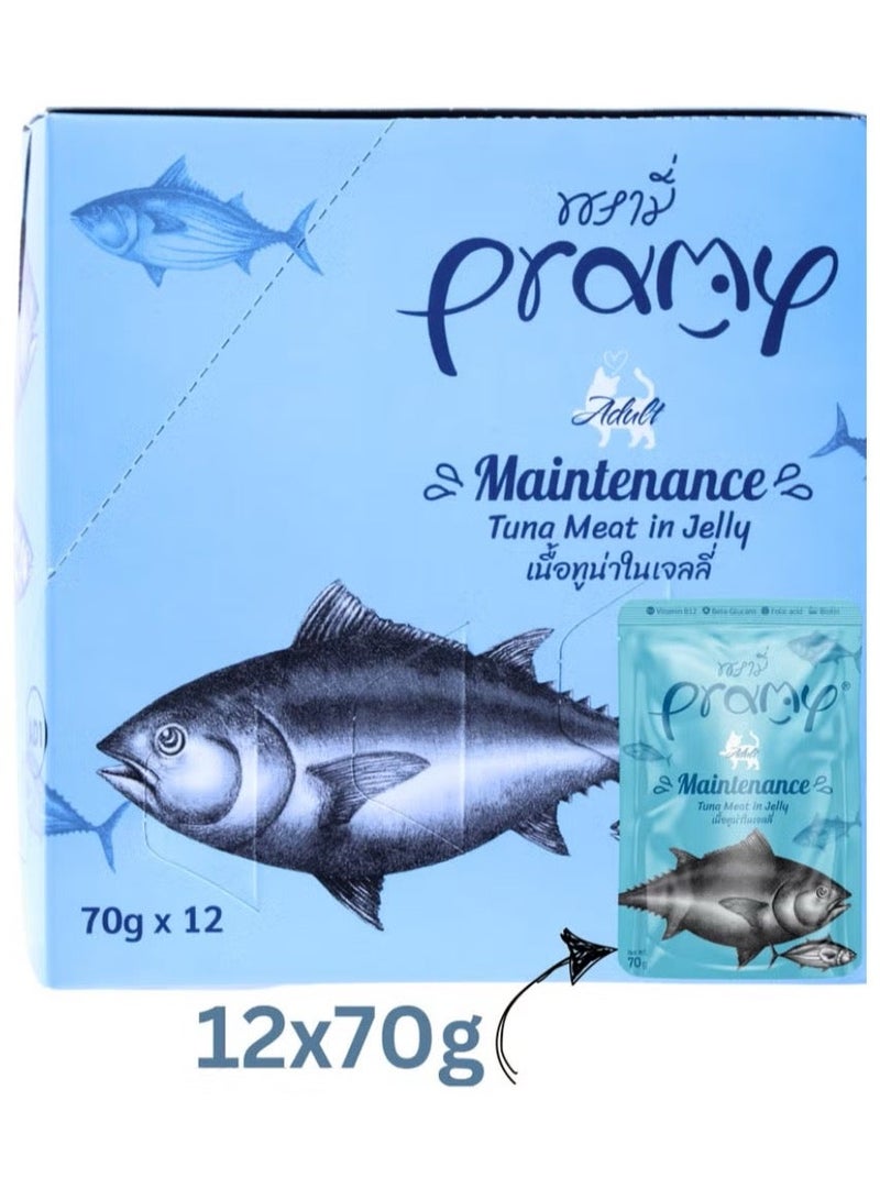 Pramy Cat Adult Wet Food With Tuna In Jelly Flavor - 12x70g - Rich in Biotin, Folic Acid, and Vitamin B12 to Support Healthy Skin, Coat, and Overall Wellness - Image 1