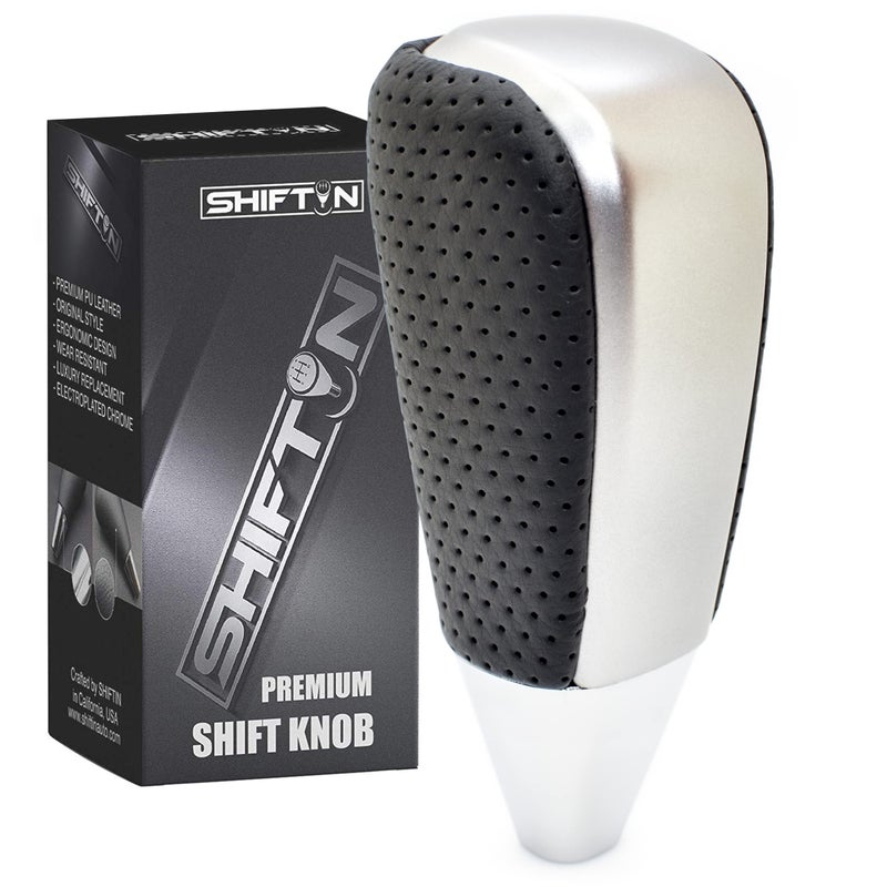 SHIFTIN Black Leather and Silver Gear Shift Knob for Toyota Land Cruiser 4Runner Sequoia Tundra and Lexus Punched Black LeatherGray Silver