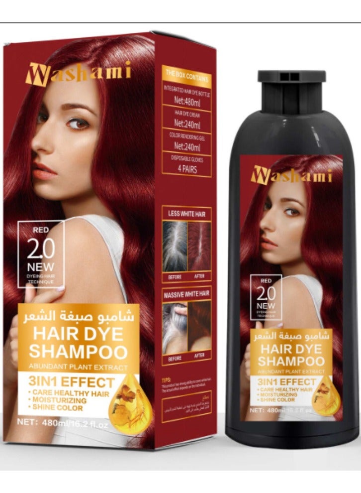 WASHAMI Hair Dye Shampoo Abundant Plant Extract Red 2.0 - 480 ml 